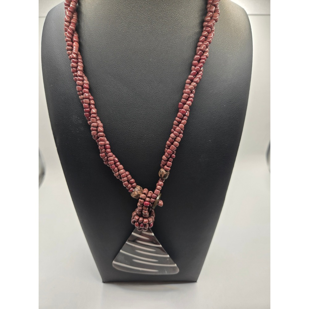 Artisan Multi Strand Seed Bead Necklace Triangular Striped Resin Pendant Brown